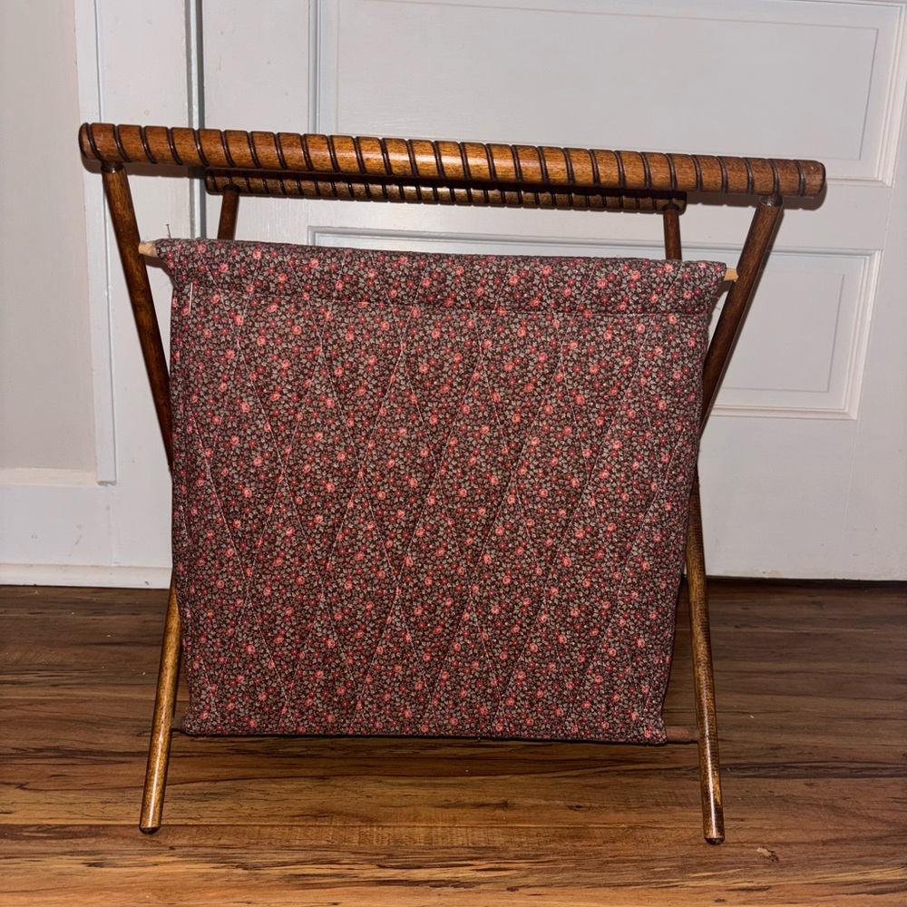 Vintage Wooden Sewing Bag/ Basket with Floral Fabric